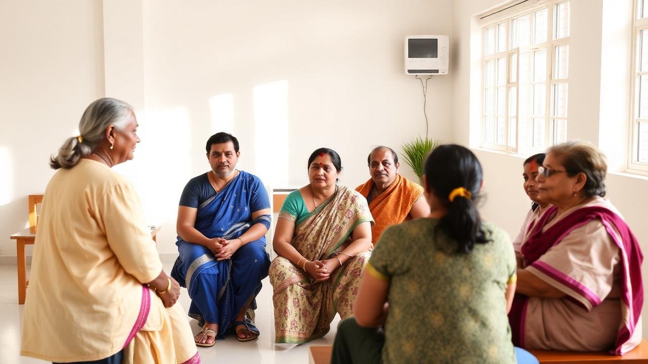 Group therapy session during a 14-day de-addiction program