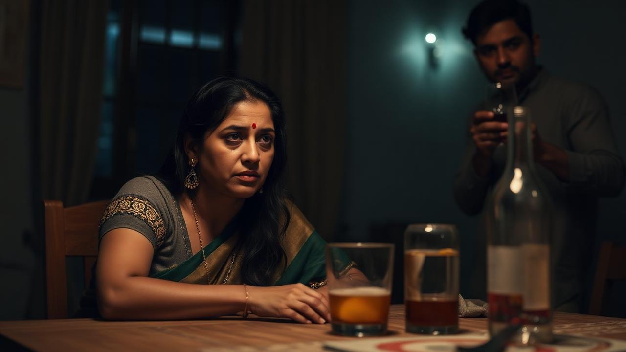 Worried wife at home while husband drinks alcohol